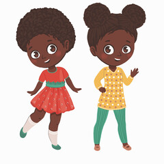 Cheerful African American girl characters, hand drawn digital illustration
