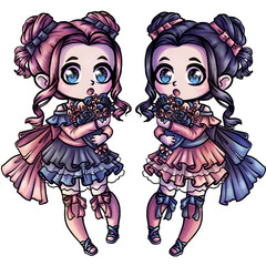 Cute gothic style twin girls, hand drawn digital illustrations with anime style
