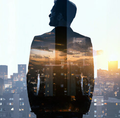 Silhouette of Business Man in front of a Skyline - sunrise - Abstract