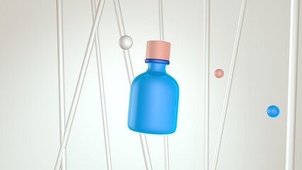 3d render. Blue glass jar of cosmetics or medicine bottle on a light neutral background. Small round balls or bubbles float up gently, hitting the bottle and shaking it. - 558755616