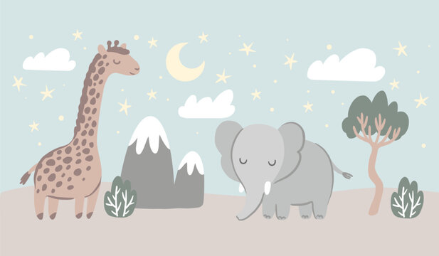Night in African safari, sleeping animals, vector hand drawn illustration for kid room wall mural
