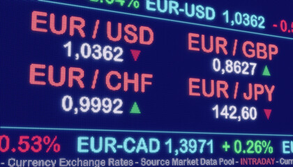 EUR exchange rates, currency trading screen. EUR, USD, GBP, CAD, AUD or JPY and percentage changes. Trading, European union currency, dollar sign, business and investment. 3D illustration