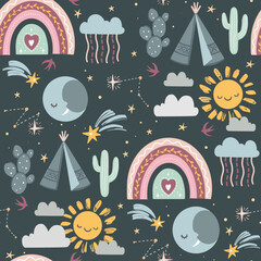 Obraz na płótnie Canvas Sun, moon, clouds, rainbow, outdoor camping tent, seamless pattern with hand drawn vector illustrations with bono theme 