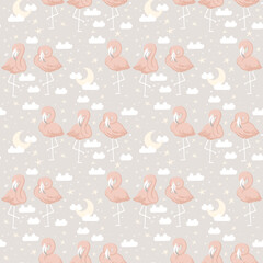 Flamingo and night sky seamless pattern with vector hand drawn illustration with nursery decor theme
