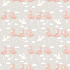 Foto op Plexiglas Flamingo and night sky seamless pattern with vector hand drawn illustration with nursery decor theme  © Hanna Symonovych