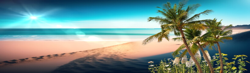  Tropical  seascape mediterranean sea blue water and sky, white beach, sand and flowers with plant tropical Travel vacation natural landscape banner 