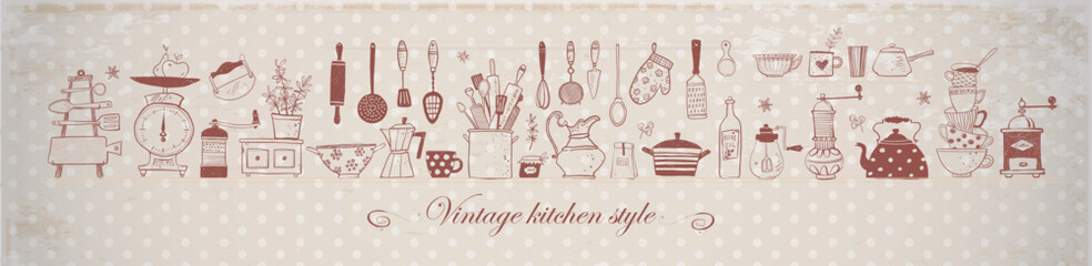 Composition with doodle kitchen utensils on vintage beige polka dot background. Vector sketch illustration