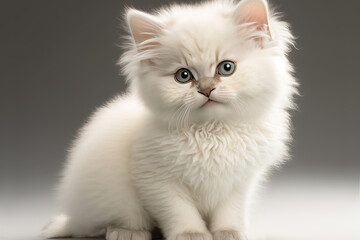 Cute kitten sit and looking. Close-up of a white cat isolated on a gray background. Digital Art Painting
