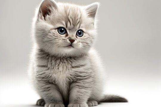 Cute kitten sit and looking. Close-up of a white cat isolated on a gray background. Digital Art Painting
