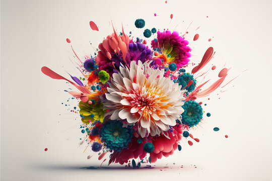 Colorful Flower Explosion On White Background, Created With Generative Ai Technology