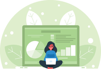 Business Intelligence Programming. Business statistics and analytics. Financial reports on laptop screen. Data analysis program. Female programmer sitting in lotus pose with laptop and working. Vector
