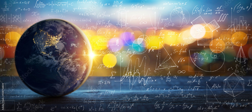 Wall mural mathematical and physical formulas against background of a earth in universe. space background on th