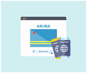 Online booking service on web browser site, trip, travel planning country Aruba national flag logo design. Online reservation of plane tickets. Concept for website vector design and illustration.
