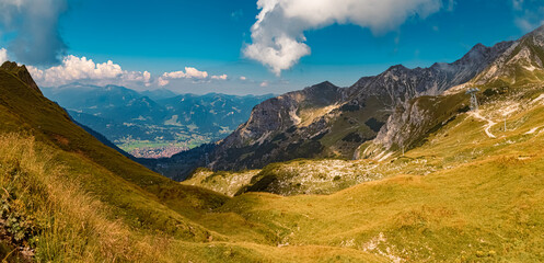 High resolution stitched panorama at the famous Nebelhorn summit near Oberstdorf, Bavaria, Germany