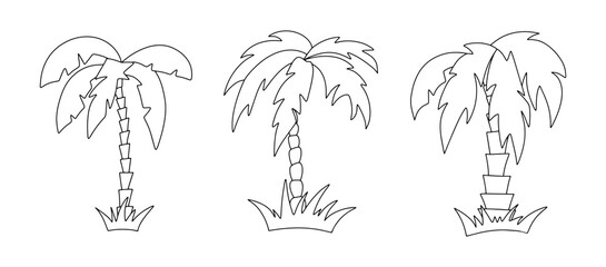 Vector graphic set of different outline black line silhouette of palm tree
