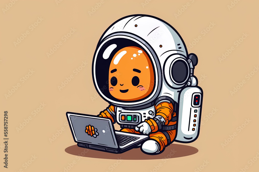 Poster cartoon symbol of a cute astronaut floating while using a laptop. science technology. generative ai