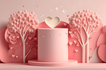 Pink Valentine's Day Paper Cut Cylinder. Generative AI