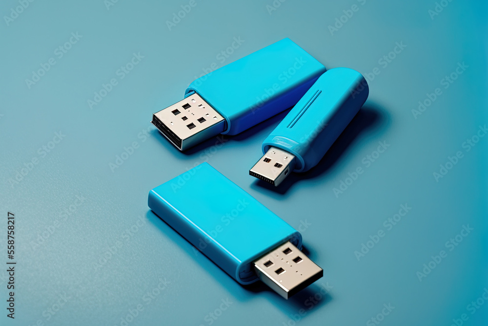 Poster usb flash drives on a blue background with space for text. generative ai