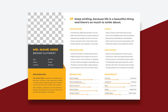 User Persona Document Template Vector Illustration. Examples of User Personas template. Persona Document. Persona Template for UI UX designer. User Persona vector horizontal template with blue color.