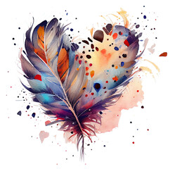 Watercolor painting of heart made from abstract spots and feather.. Clipart in trendy style for St Valentines day or wedding card. Elegant and passionate decoration for romantic poster. Generative AI
