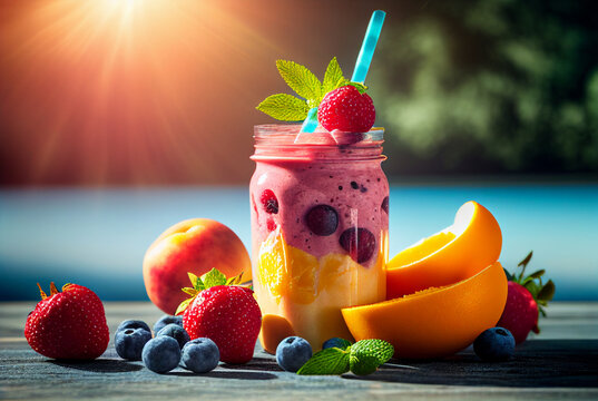 Healthy living, beautiful colorful fresh berries, fruits, smoothies and juice in the sun, generative ai, digital art