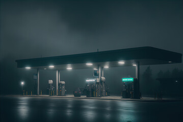 Gas station at night. Lonely. Spooky. Dim lighting. 