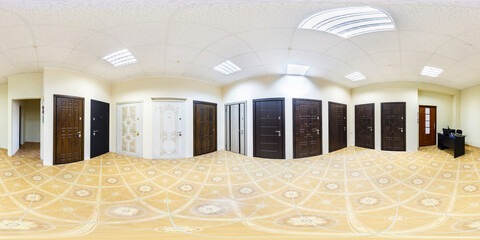 full spherical 360 degrees seamless panorama in interior wooden door store shop in equirectangular projection, VR content - obrazy, fototapety, plakaty