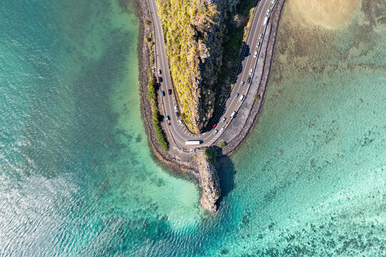 Panoramic aerial view of Maconde View Point with famous hairpin turn, Maconde, Mauritius.
