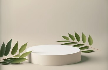 Pedestal for product display presentation with twigs with green leaves. Minimalistic organic showcase against a white background 