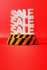 Vertical discount sale communication on stage. With the applicable SALE sale sale sign on a yellow and black police ribbon style plateau in shiny white letters.