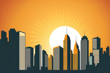 Urban skyscrapers and a large metropolitan skyline form a sun cartoon style background. Generative AI