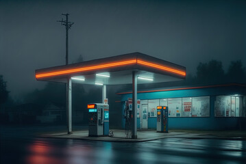 Fototapeta Gas station at night. Lonely. Spooky. Dim lighting.  obraz