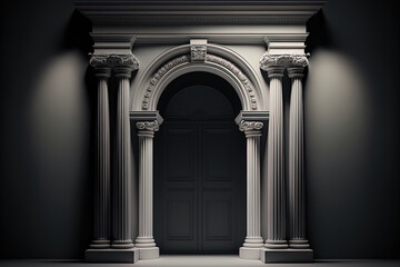 Classic doorway with separated columns on a dark background. Generative AI - obrazy, fototapety, plakaty