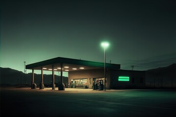 Fototapeta Gas station at night. Lonely. Spooky. Dim lighting. obraz
