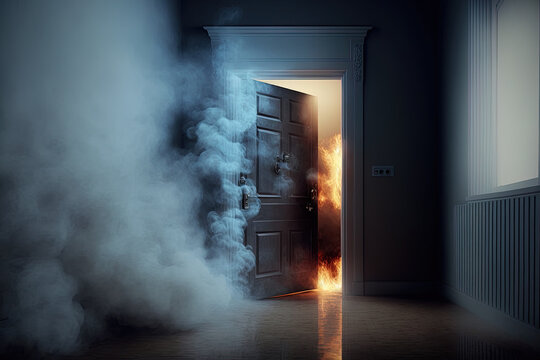 home fire with smoke coming from a burning chamber under the door (). Generative AI