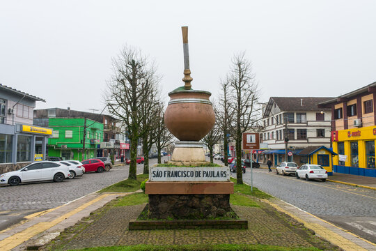 Sao Francisco de Paula, Brazil - Circa June 2022: A monument to the cuia (a gourd recipient where the traditional mate tea is drunk) at Julio de Castilhos Avenue
