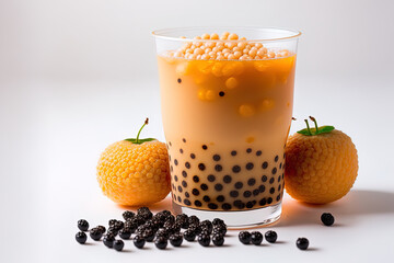 Fototapeta premium Peach jelly bubble iced tea with tapioca pearls. On a white backdrop, a cold glass of peach milk tea is accompanied by fruit. Generative AI