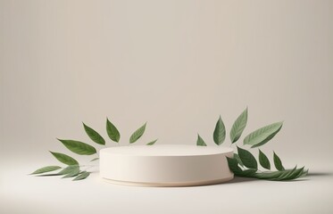 pedestal for product display presentation with twigs with green leaves . Minimalist natural showcase against white background