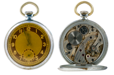 Antique watch on an isolated background. Dial and mechanism with a spring to drive the mechanism.