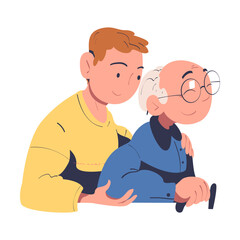 Fototapeta na wymiar Young Man Volunteer with Old Pensioner Supporting Vector Illustration