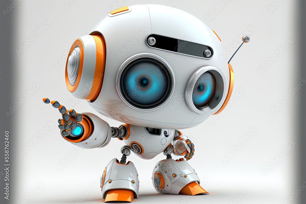 Aufkleber cute robot on a white backdrop with a pointing hand and a winking eye. technological idea. generativ