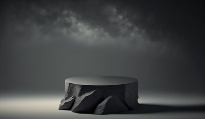 Black stone pedestal in stage for product display presentation. Minimalistic showcase  - obrazy, fototapety, plakaty