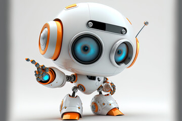 Cute robot on a white backdrop with a pointing hand and a winking eye. technological idea. Generative AI - obrazy, fototapety, plakaty