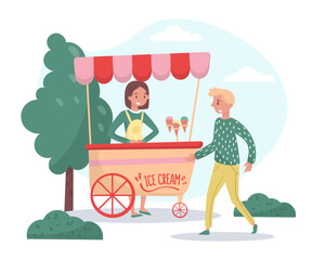 Young man buying ice cream in booth in summer park. People spending time outdoors and eating fast food cartoon vector