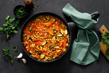 Chickpea and zucchini saute with carrot and garlic. Classic italian side dish. Top view