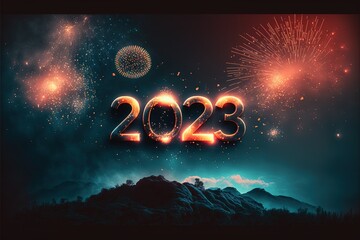 Year 2023 text fireworks, lighting, neon, background illustration made with Generative AI