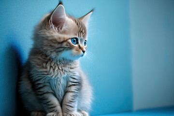 A kitten or young cat is seated in front of a blue wall. pliable and attractive pet. Generative AI