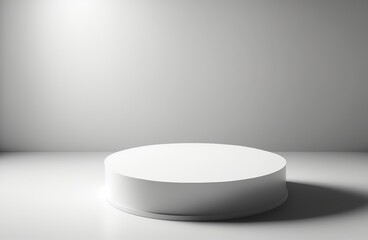 White circular podium in a sunroom. An empty, simple podium for product presentation in the sunlight