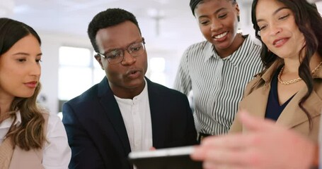Tablet, collaboration and a business team talking while meeting in the office for planning or strategy. Diversity, teamwork and communication with a businessman manager and a colleague group at work