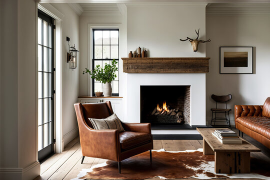 Simple living room in a modern farmhouse with little decoration Brown leather sofa and armchairs with a gas fireplace with a raw edged wooden mantel. Generative AI